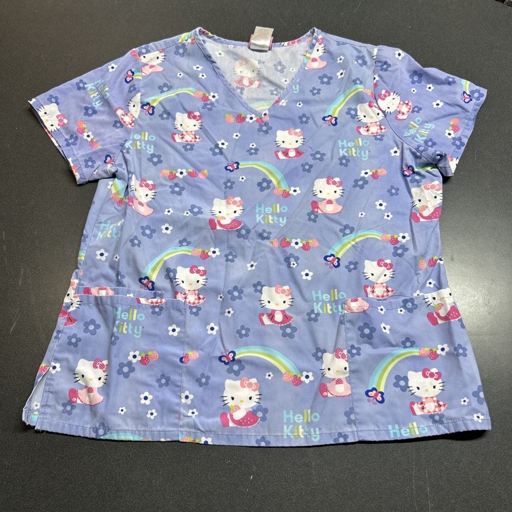 Women's Hello Kitty Scrub Top Flowers Rainbows Butterflies Size XL